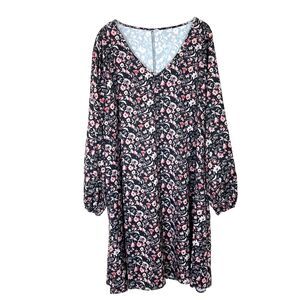 Emery Rose Women's A-Line Midi Dress Size 4XL Dark Floral V-Neck Balloon Sleeves